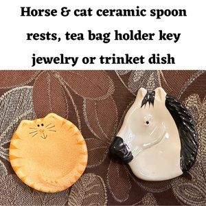 Vtg Horse & cat ceramic spoon rests, tea bag holder key jewelry or trinket dish